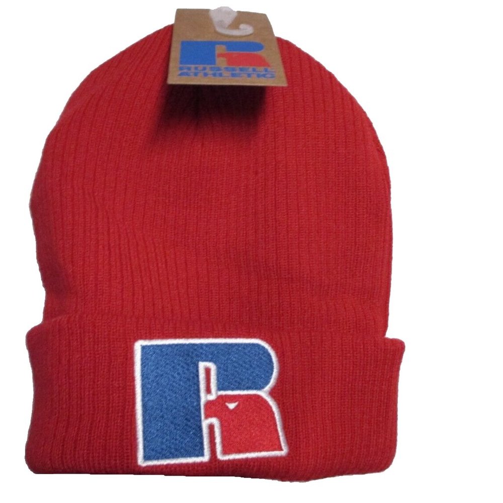 NEW RUSSELL ATHLETIC KNIT BEANIE HAT! RED WITH RED & BLUE LOGO ONE SIZE